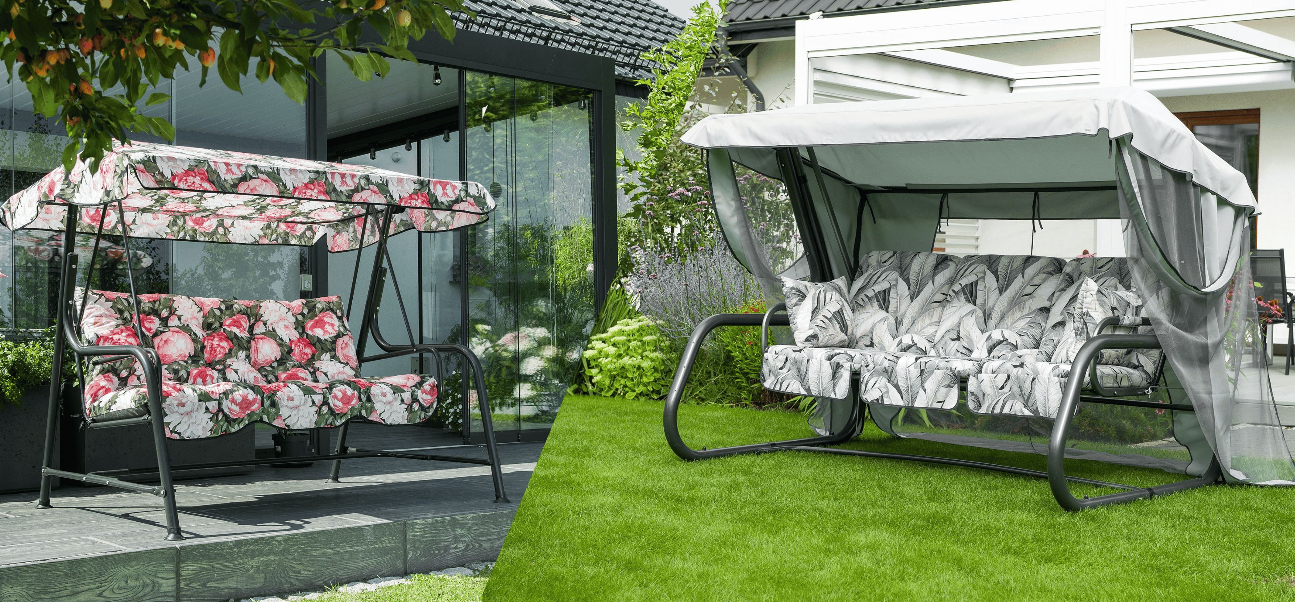 Huśtawki ogrodowe 3-osobowa i 4-osobowa ustawione w ogrodzie